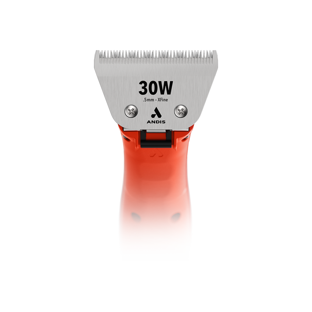 Emerge Clipper Orange with Wide 30 Blade,"Front view of orange clipper with wide silver blade"