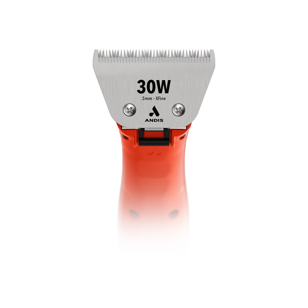 Emerge Clipper Orange with Wide 30 Blade,"Front view of orange clipper with wide silver blade"