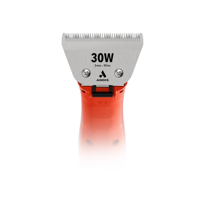 Emerge Clipper Orange with Wide 30 Blade,"Front view of orange clipper with wide silver blade"