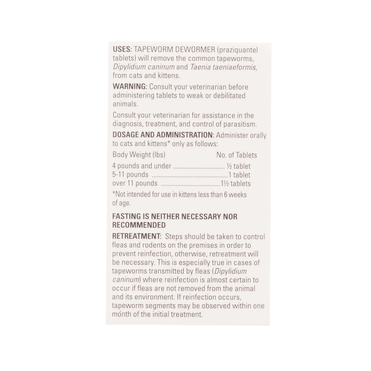 Tapeworm Dewormer,"Back of package with dosage and warning panel"
