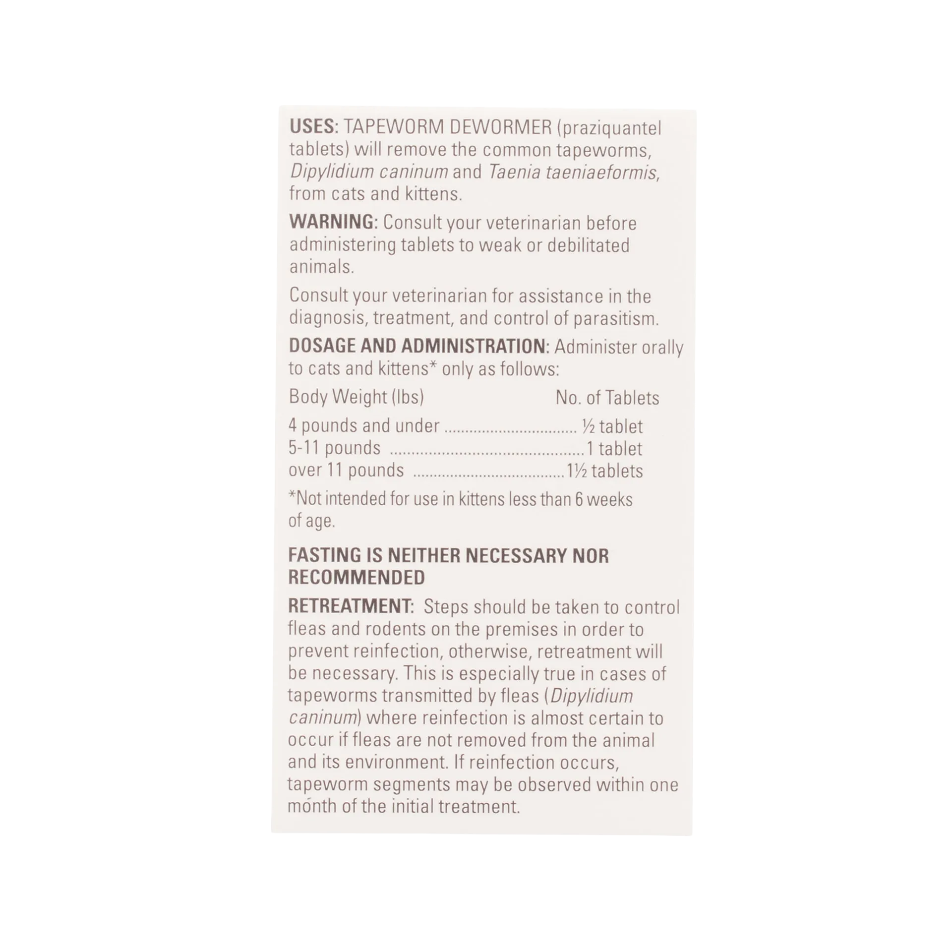 Tapeworm Dewormer,"Back of package with dosage and warning panel"