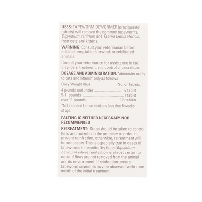 Tapeworm Dewormer,"Back of package with dosage and warning panel"