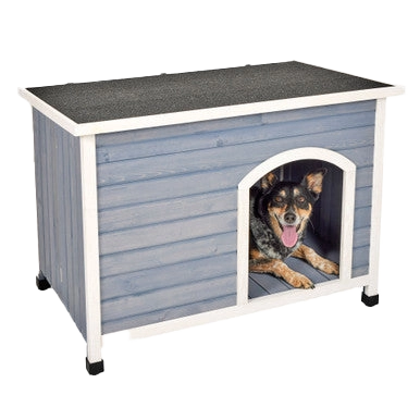 Eilio™ Folding Wood Dog Home,"Blue wooden dog house with dog in doorway"