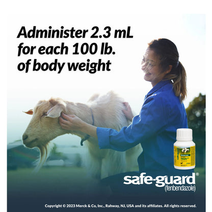 Safe-Guard® Dewormer for Goats Cattle,"White bottle with yellow label beside woman petting a goat"