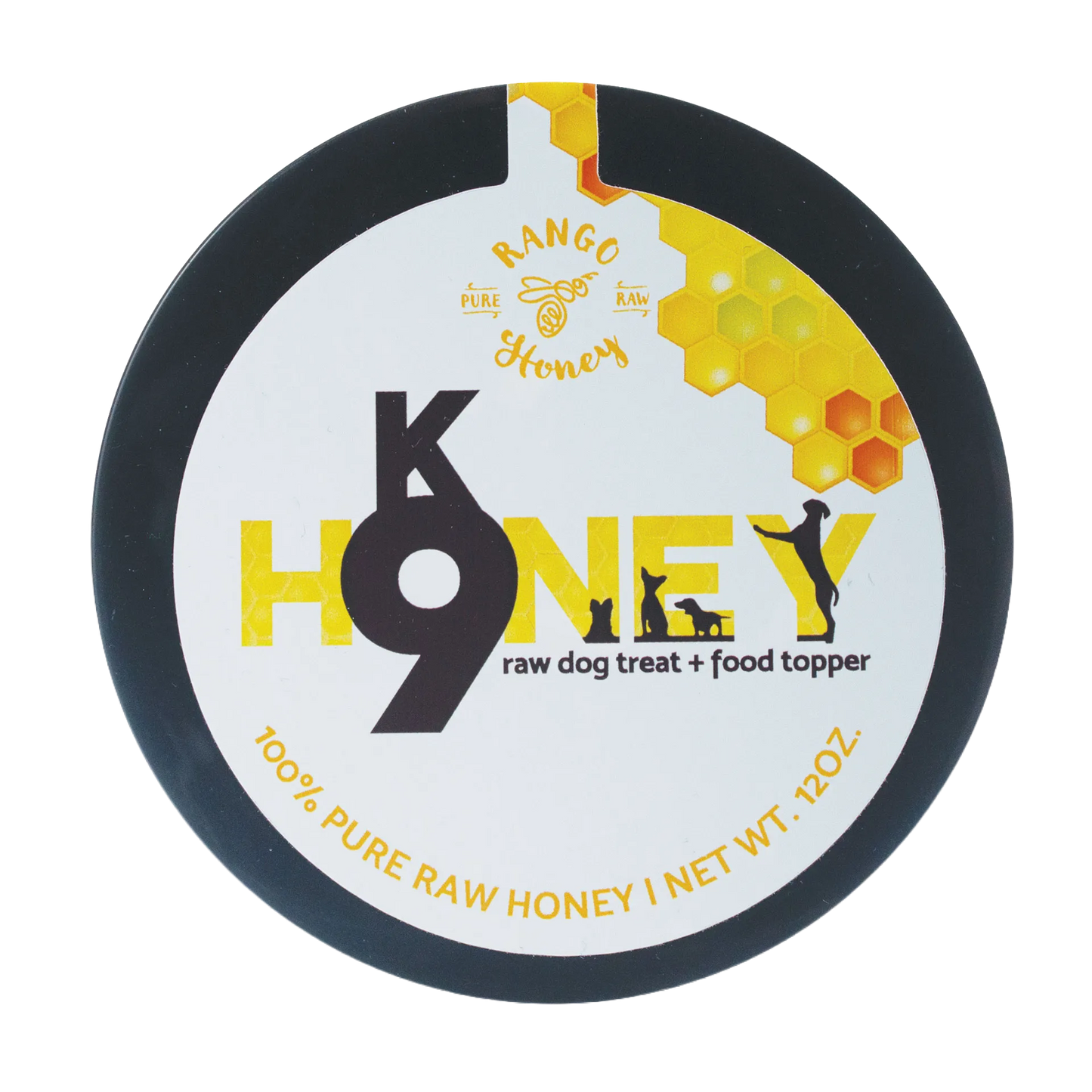 K9 Honey,"Round black-lid container with white label and honeycomb graphic"
