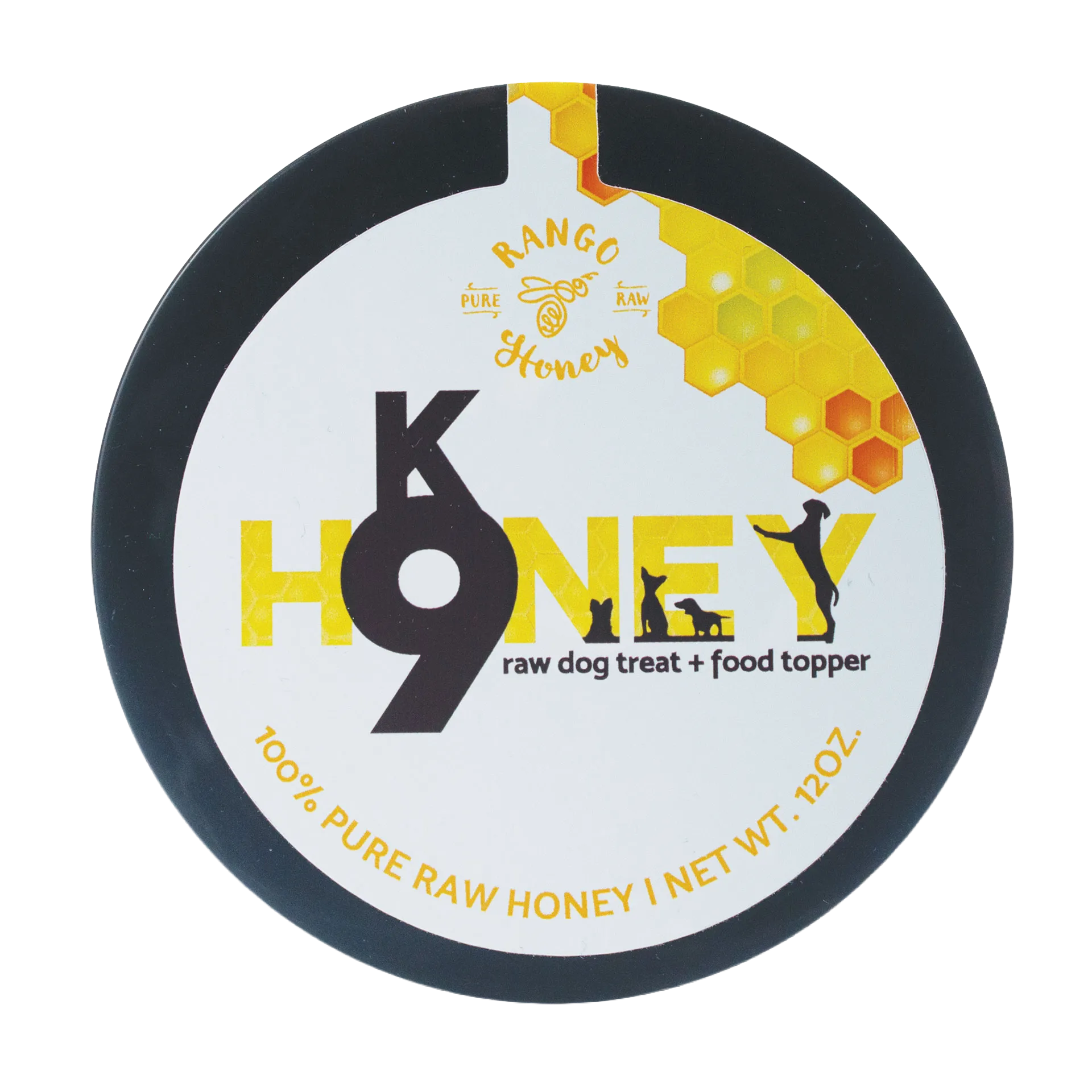 K9 Honey,"Round black-lid container with white label and honeycomb graphic"