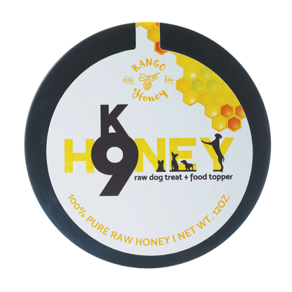 K9 Honey,"Round black-lid container with white label and honeycomb graphic"