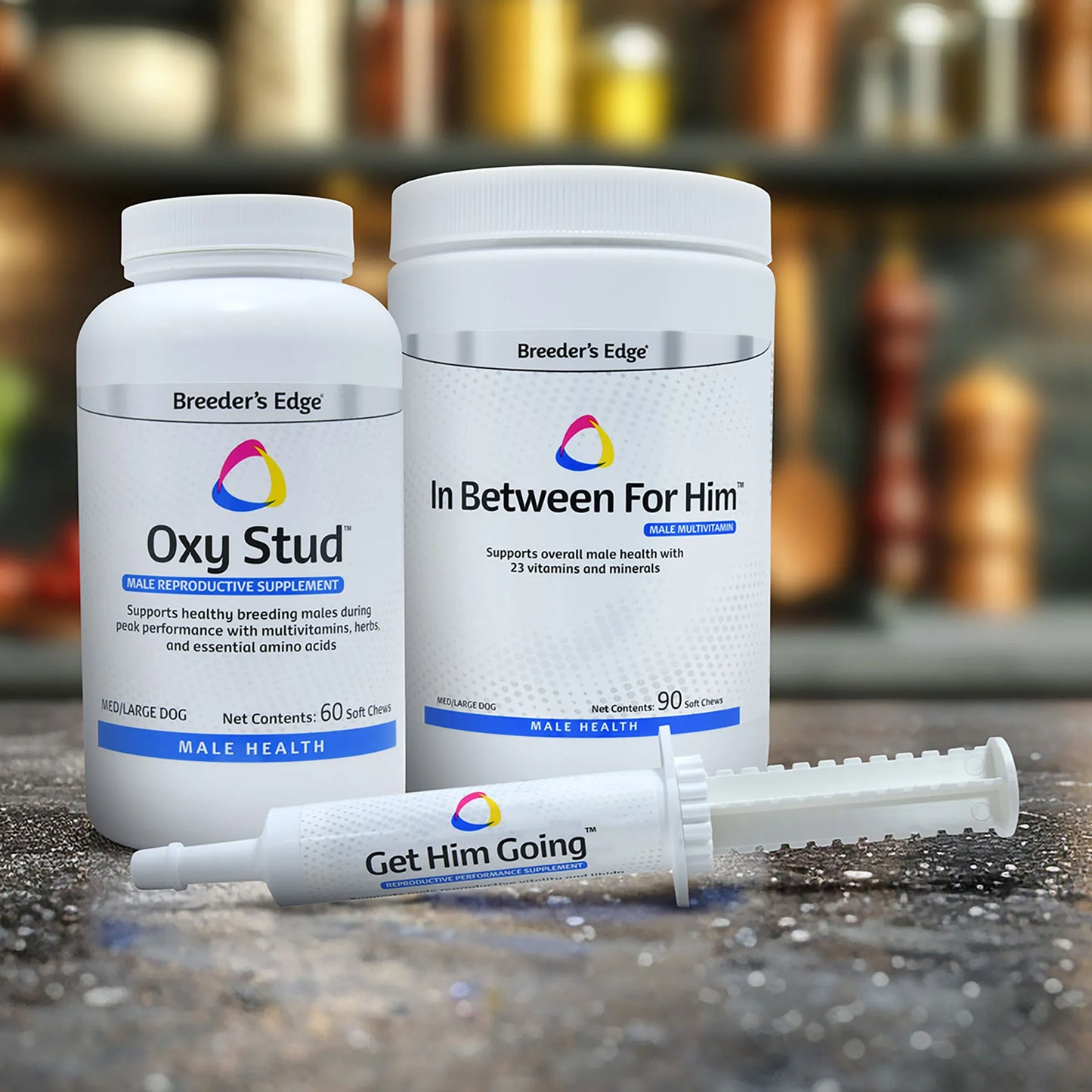 Breeder's Edge® His Edge,"Two white supplement bottles with oral syringe applicator"